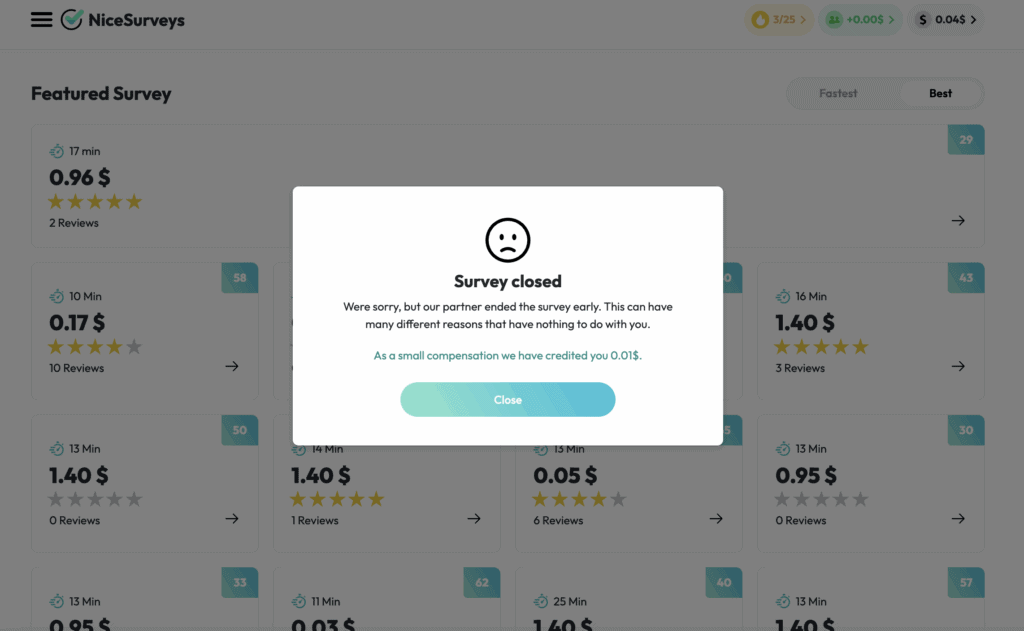 Here’s an example of a survey that I was kicked out of.