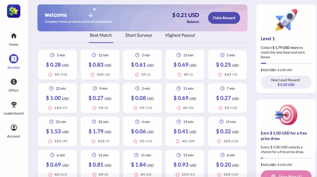 Each survey on EarnStar displays the payout, time estimate, and star rating to help you choose the best options as you can see here.